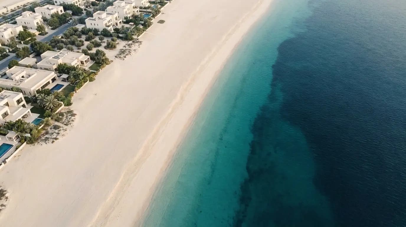 Saadiyat Island coastline from above — sand, water, and low-rise architecture