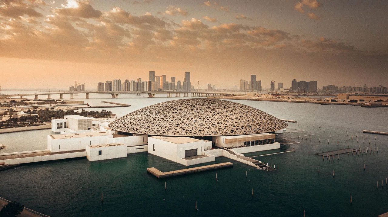 Louvre Abu Dhabi dome and waterfront seen from above
