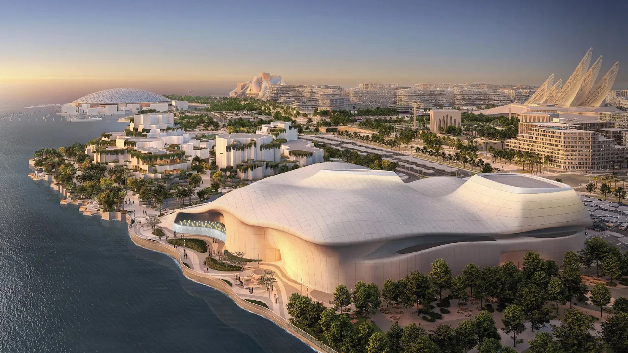 Aerial view of the teamLab Phenomena building and waterfront setting