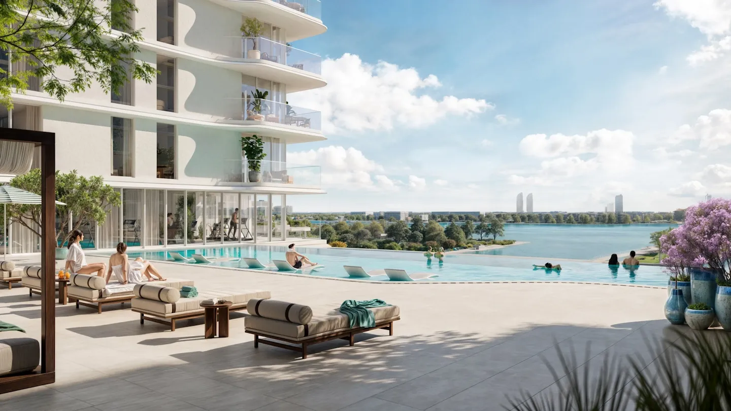 Muheira pool terrace beside residential balconies, project marketing render