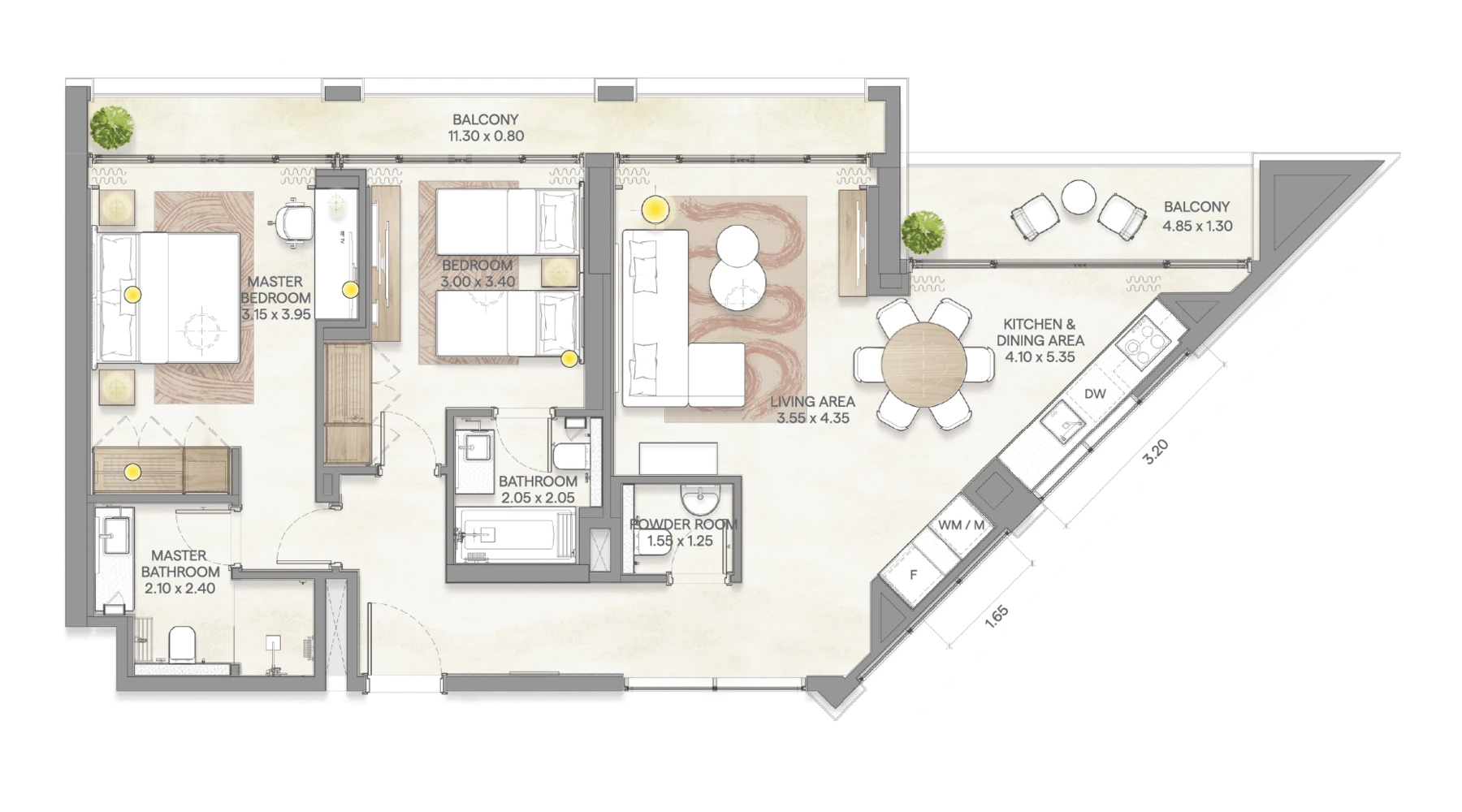 Bloom Arjaan by Rotana: 2 bedroom apartment, 2 bedroom plan