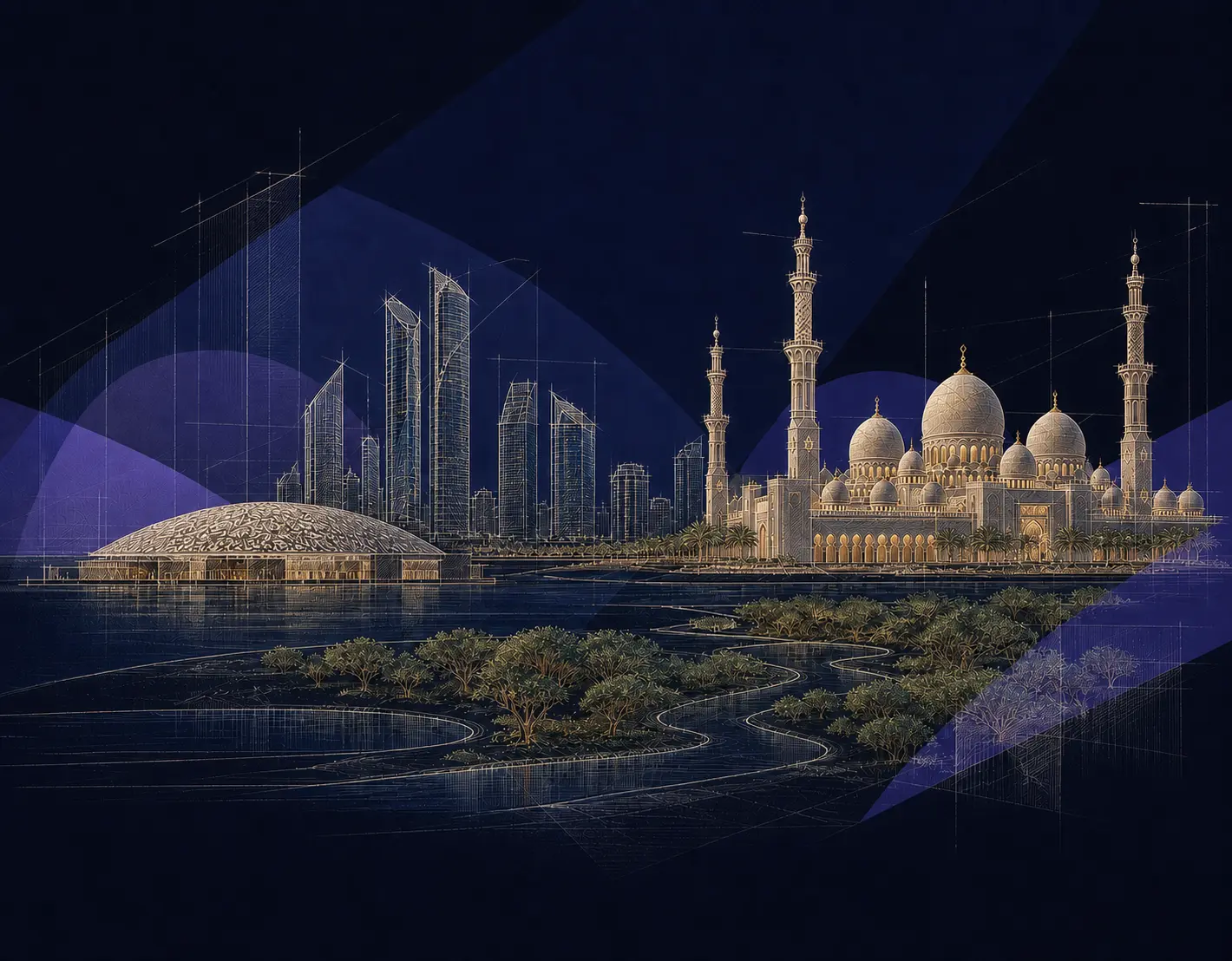 رسم تحريري لجزر أبوظبي وأفقها والجامع الكبير واللوفر وممرات القرم عند الساعة الزرقاء