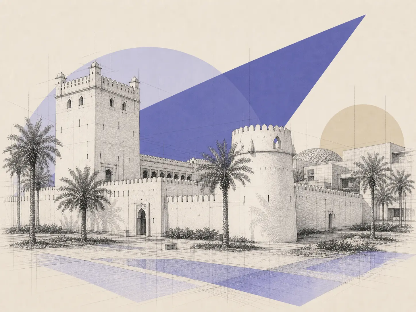 رسم معماري بأسلوب Knownable لحصن أبوظبي الأبيض وبرجه وأسوار شرفاته وساحة النخيل
